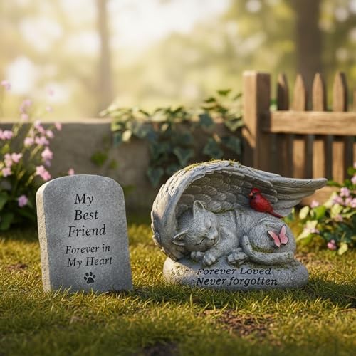 Cat Memorial Stones with Angel Wing Kitten Sculpture 6in Cat Angel Wing