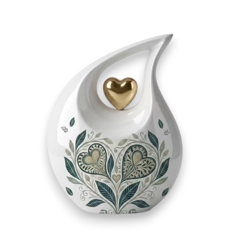 Green Folk Art Heart Teardrop Aluminum Cremation Urn 200 Cu In Ashes Men Women