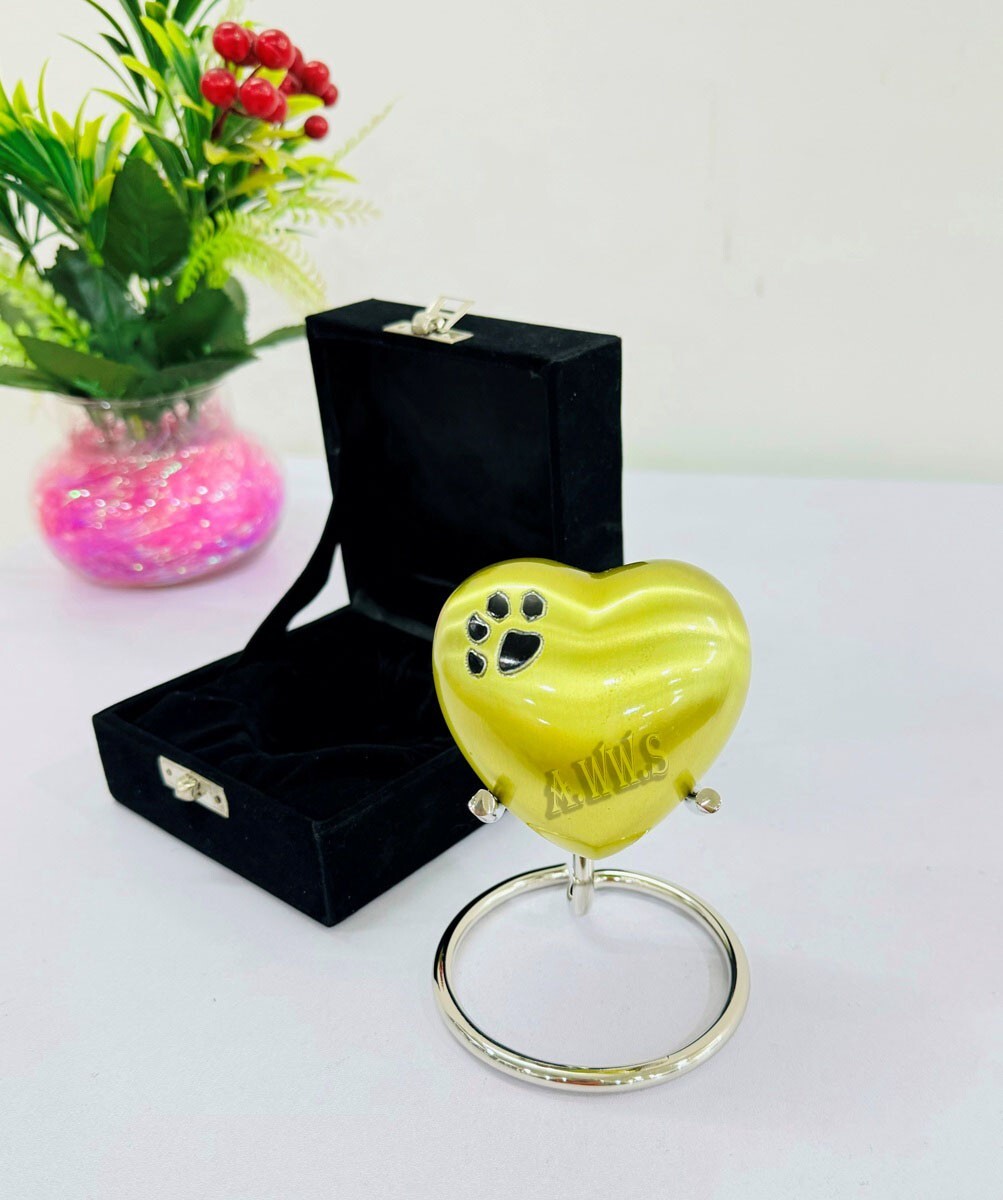 Yellow Cremation Heart Premium Urn With Black Pet Foot Print Design for Ashes