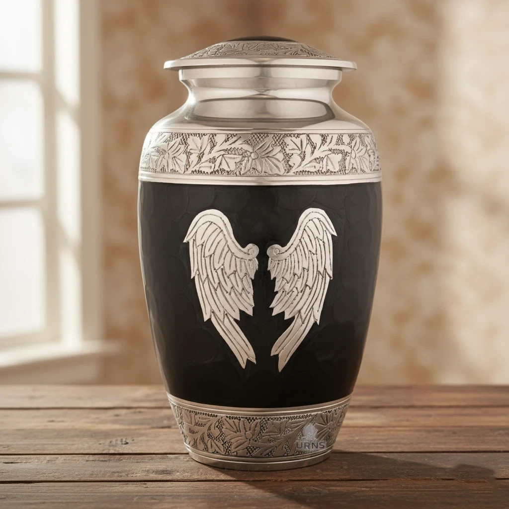 Midnight Wings Angel Urn – Ornate Black and Silver Cremation Urn for Adult Human