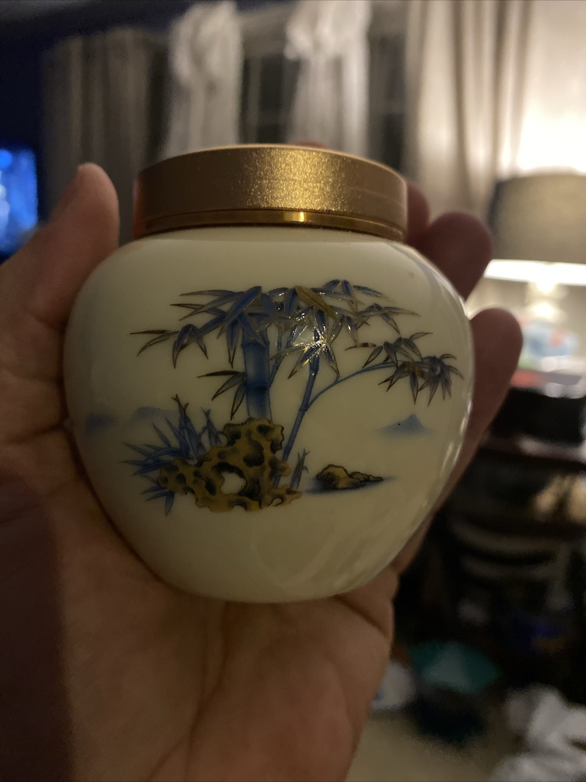 Japanese Water Color Urn Dog Cat Pet Ashes Memorial Small 3” Gold Screw Cap