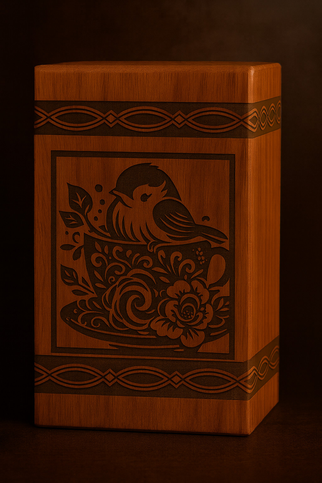 Wooden Keepsake Box with Bird & Floral Engraving | Rustic Tea Cup Urn box human