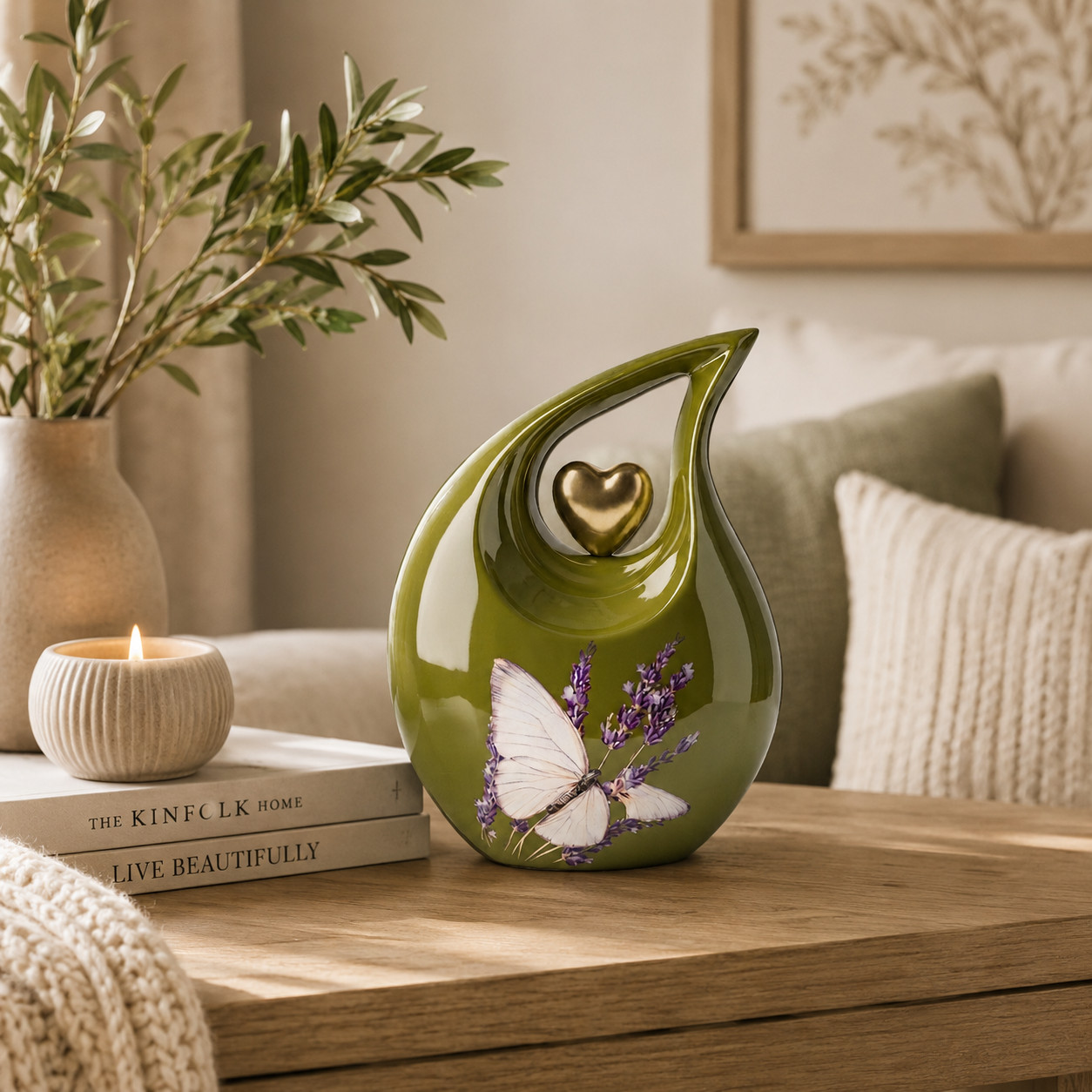 Teardrop Cremation Urn for Human Ashes Olive Green Aluminum 200 Cu In Love Ones