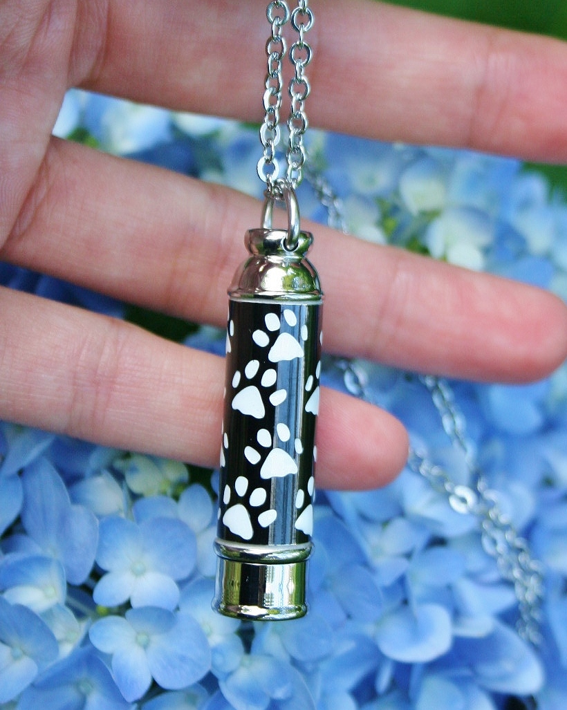 Mens Pet Cremation Necklace Pendant Urn for Ashes LARGE Vial Dog Cat Paw Prints
