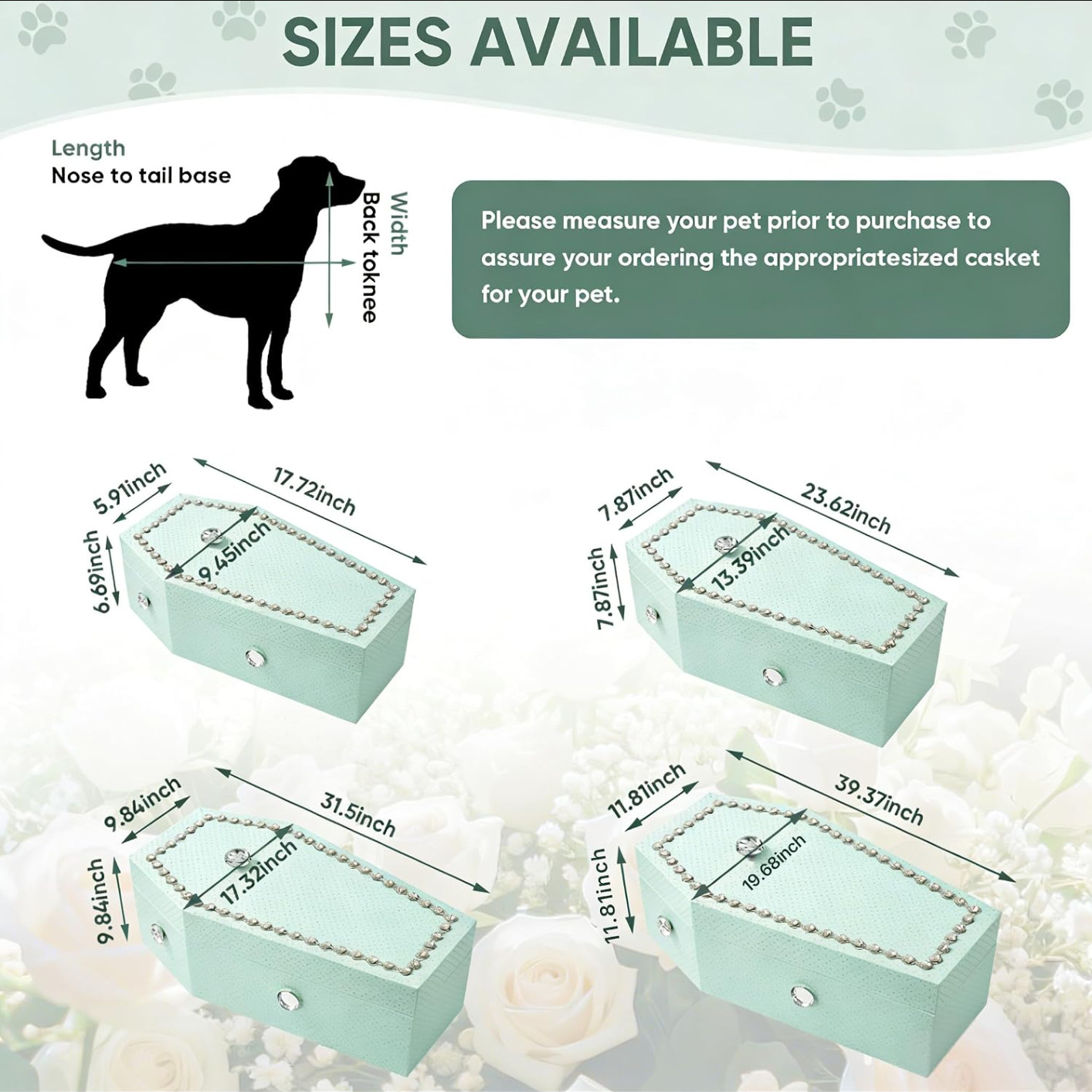 Cradle to Grave Small Pet Cat Dog Casket Coffin Rhinestone Mint Green Burial Box