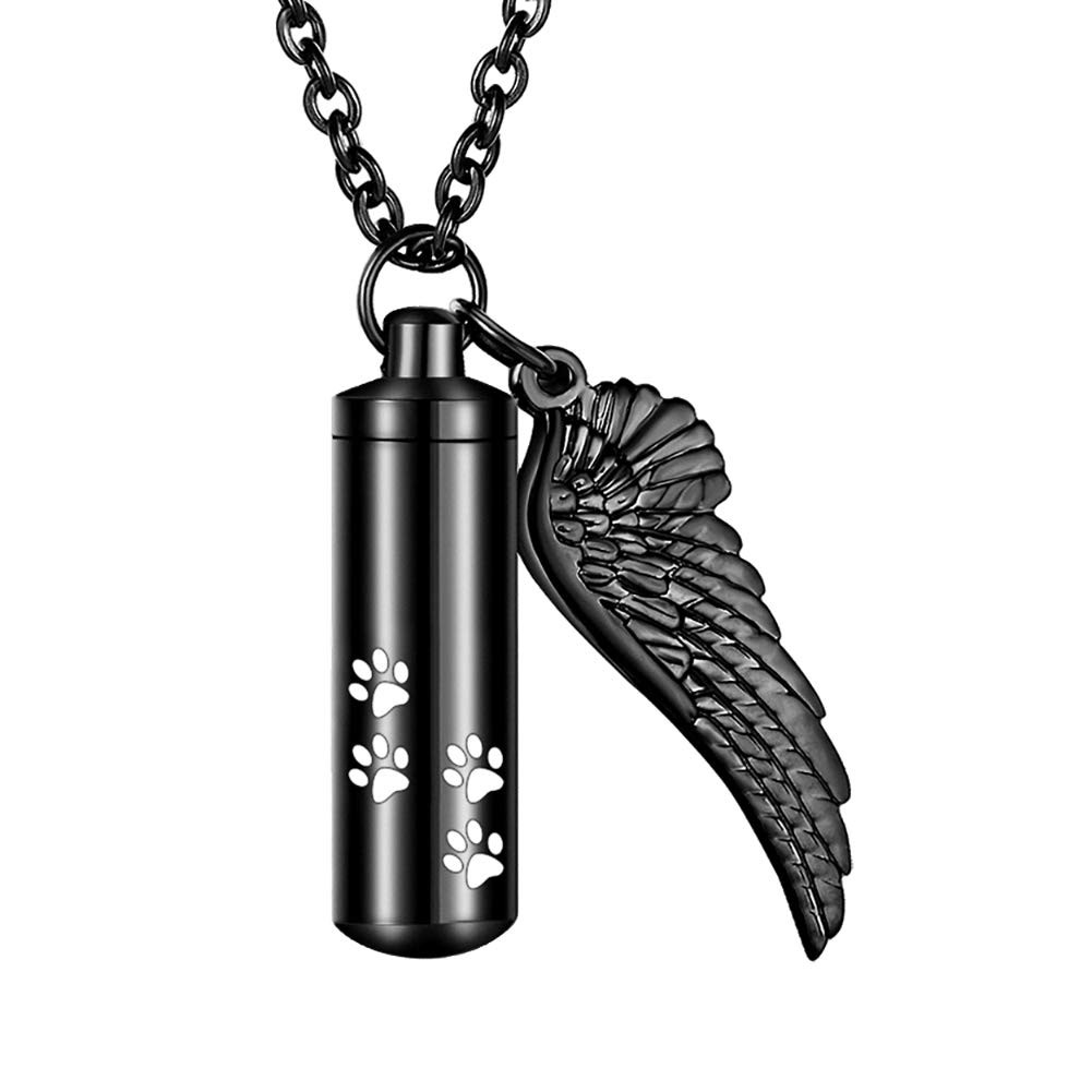 Cylinder Cremation Necklace for Pet Ashes Urn Necklace with Angel Wing Pet Paw A