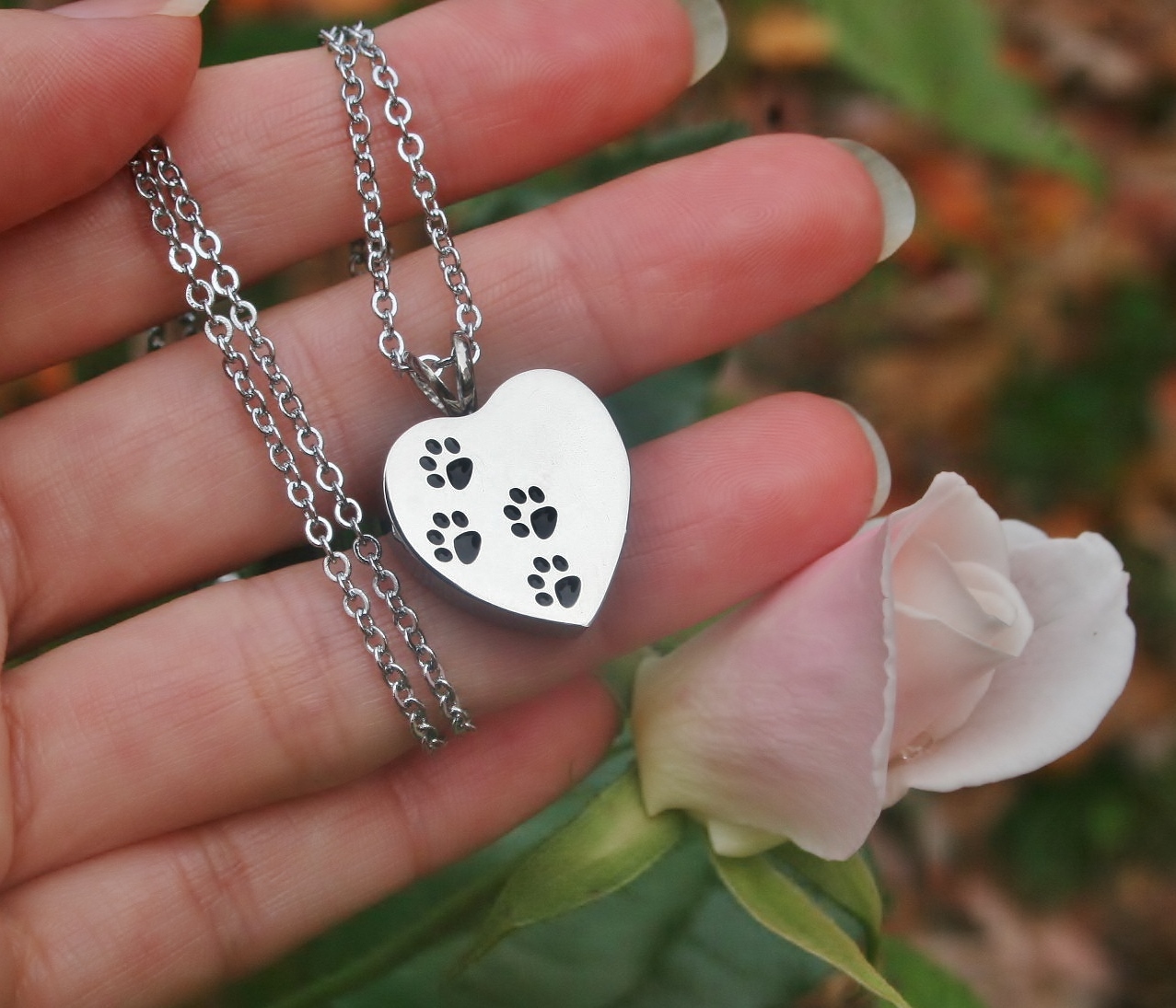 Pet Cremation Necklace Jewelry Pendant Urn 4 Ash Paw Prints On My Heart Dog Cat