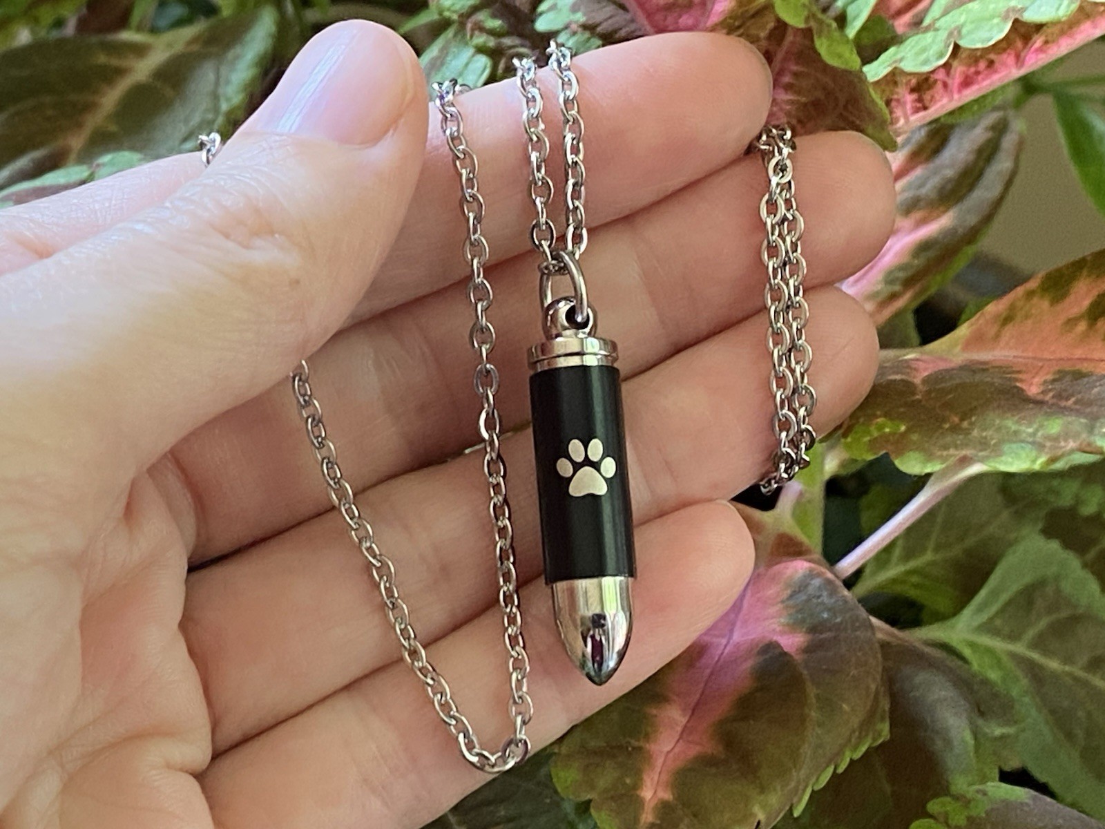 Mens Bullet Cremation Necklace Pendant Urn 4 Ashes SMALL VIAL Pet Paw Print Dog
