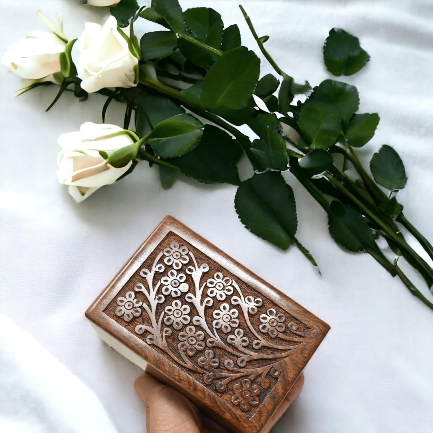 Wooden Ashes Urn Box Hand Carved Floral Memorial Keepsake (Medium Box)
