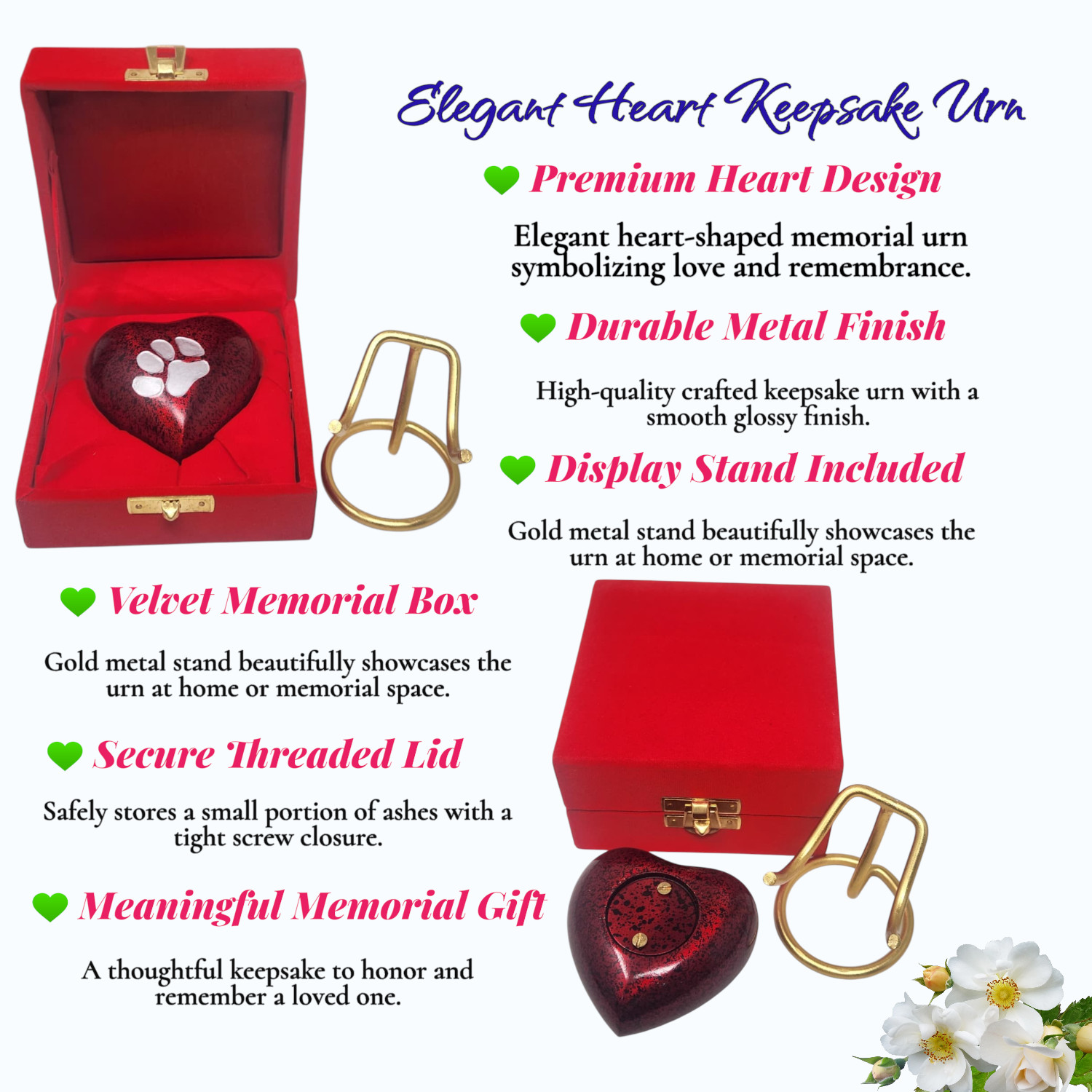 Red Heart Pet Cremation Urn for Dog or Cat Ashes with Paw Print Stand & Box