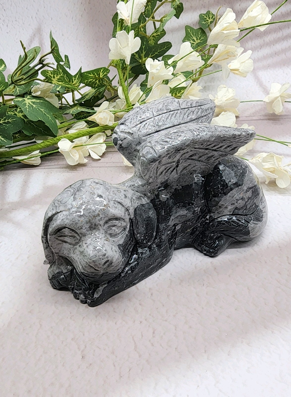 Picasso Jasper, Winged Angel Dog, Pet Memorial, Pet Loss Gift, Gemstone Carving