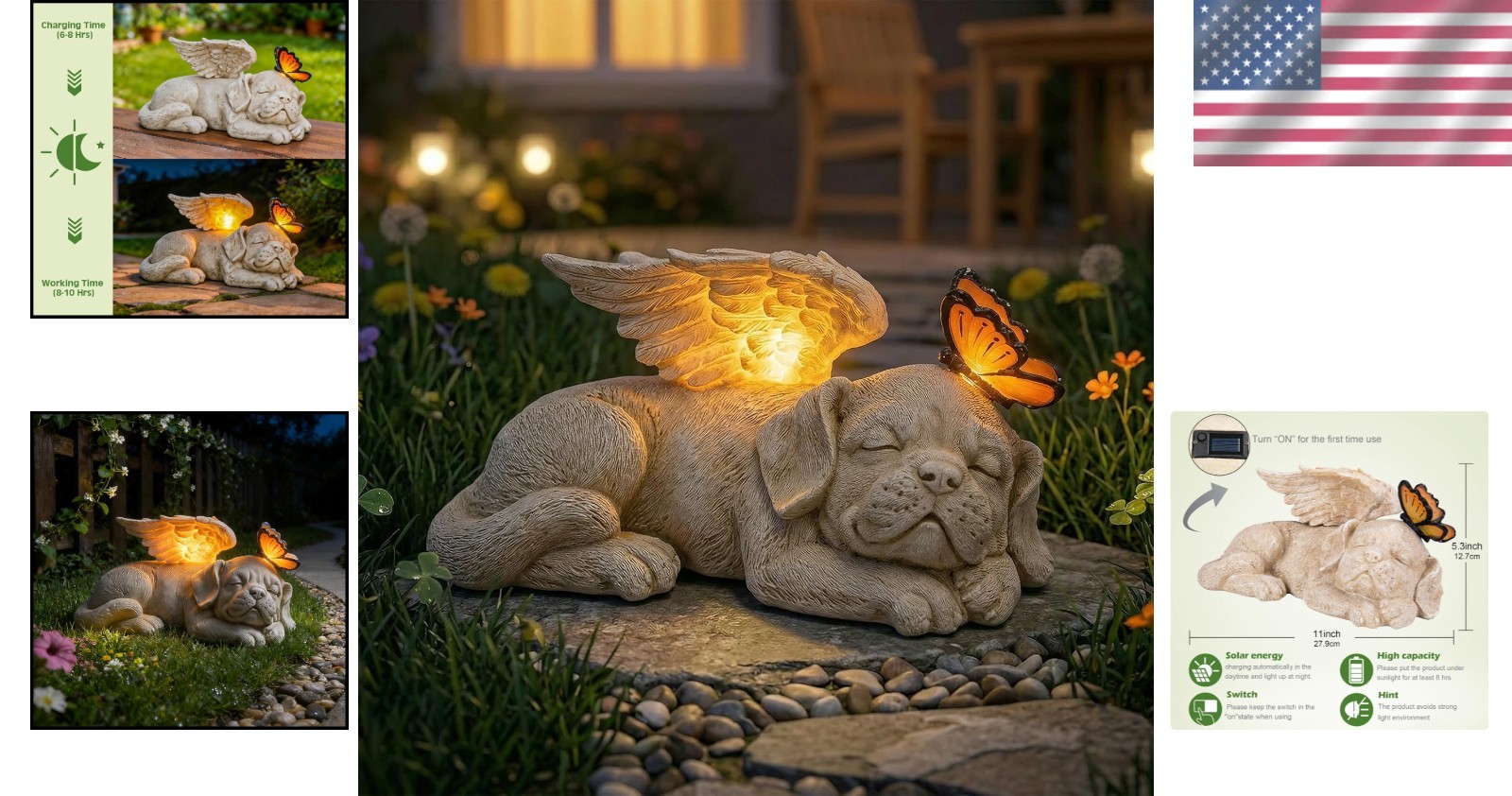 Weather-Resistant Puppy Angel Statue with Solar LED Light for Outdoor Comfort