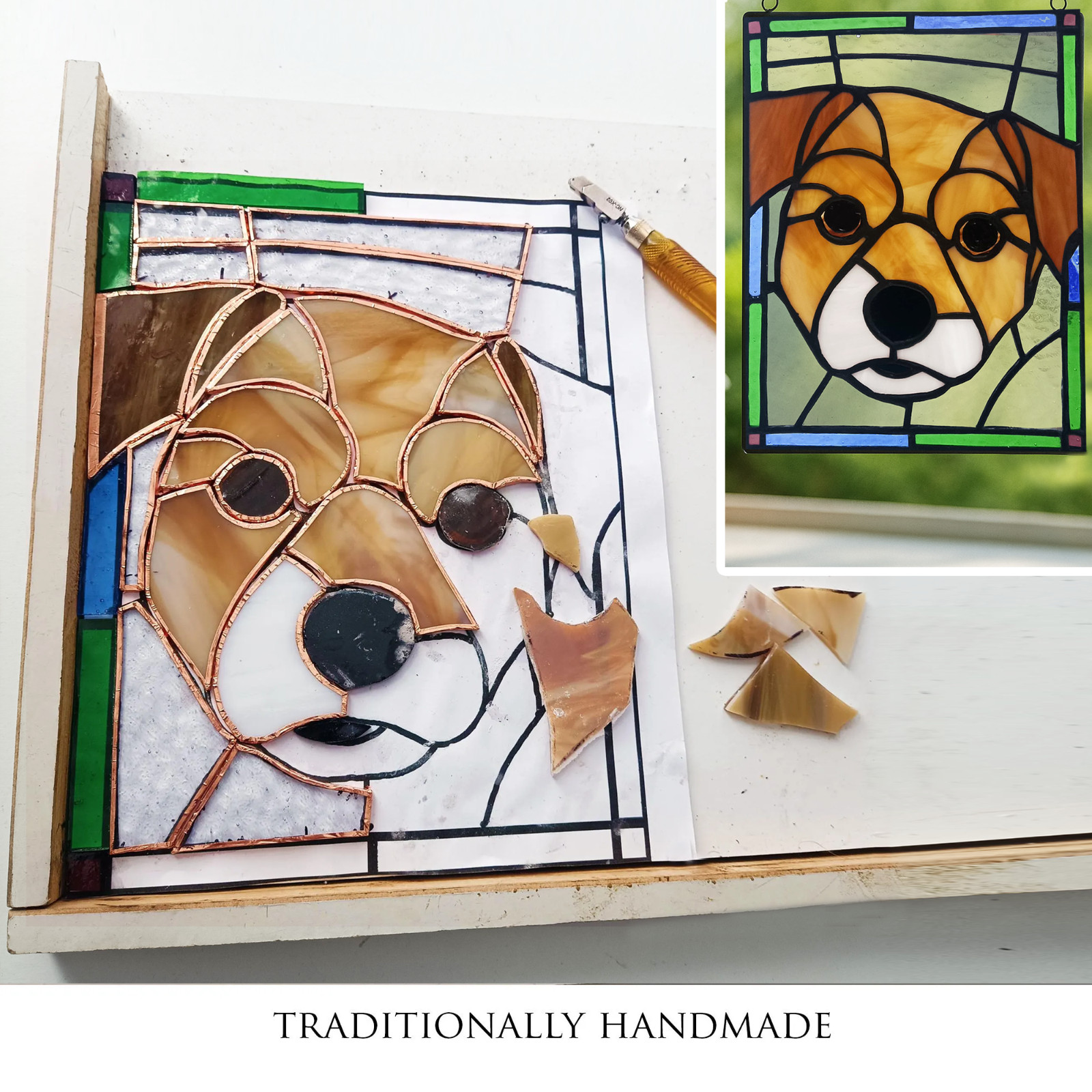 Custom Stained Glass Pet Portrait Panel – Dog Cat Memorial Keepsake – Handmade