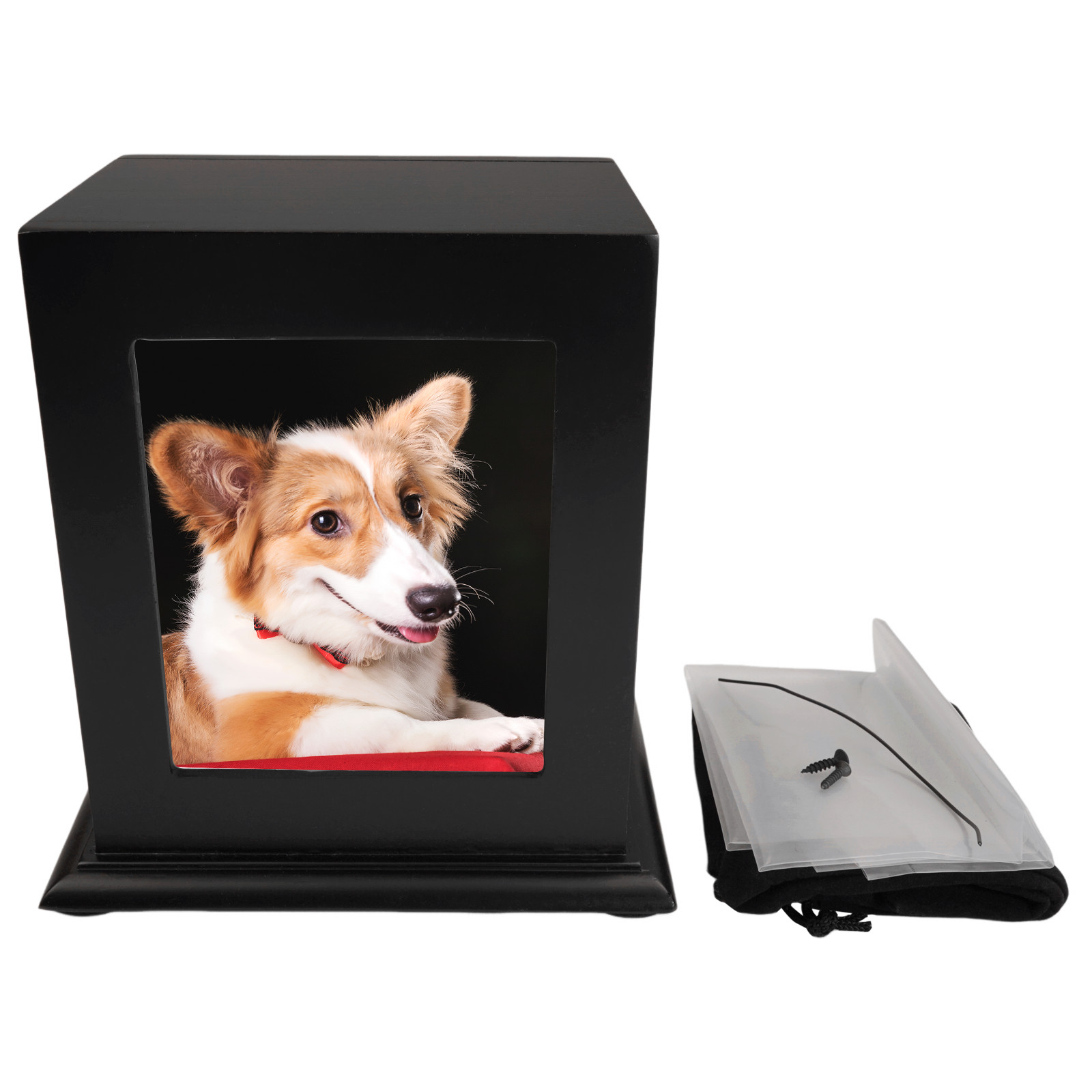 Black Wooden Memorial Urn Dogs & Cats with Storage Bag and Photo Frame