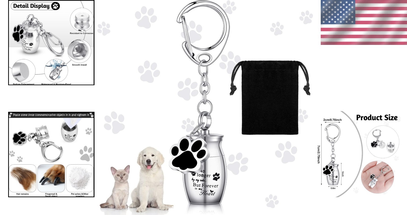 Elegant Stainless Steel Pet Urn Keychain with Paw Design – 2.76″ Keepsake