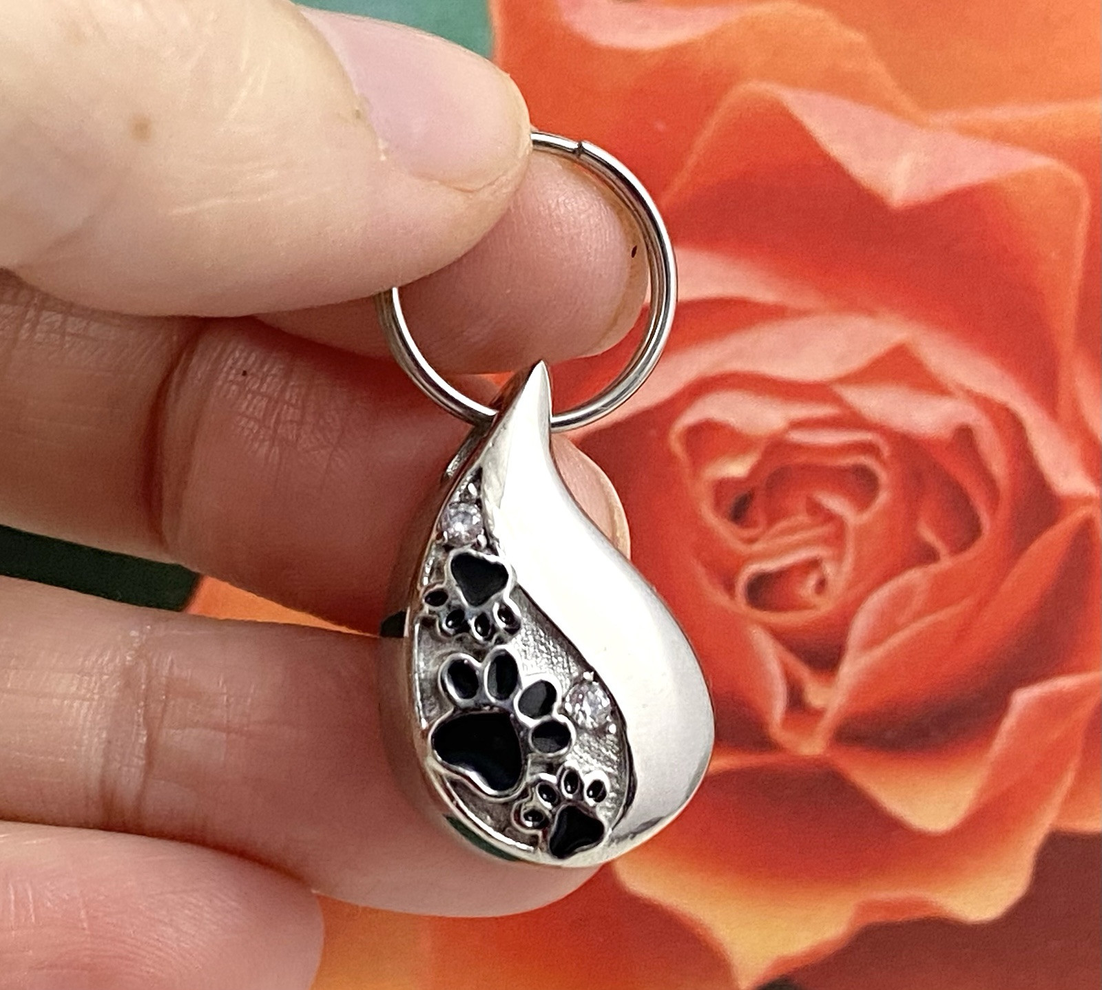Pet Cremation Pendant Urn Keychain 1″ Key Ring for Ashes Dog Cat Paw Print Tear