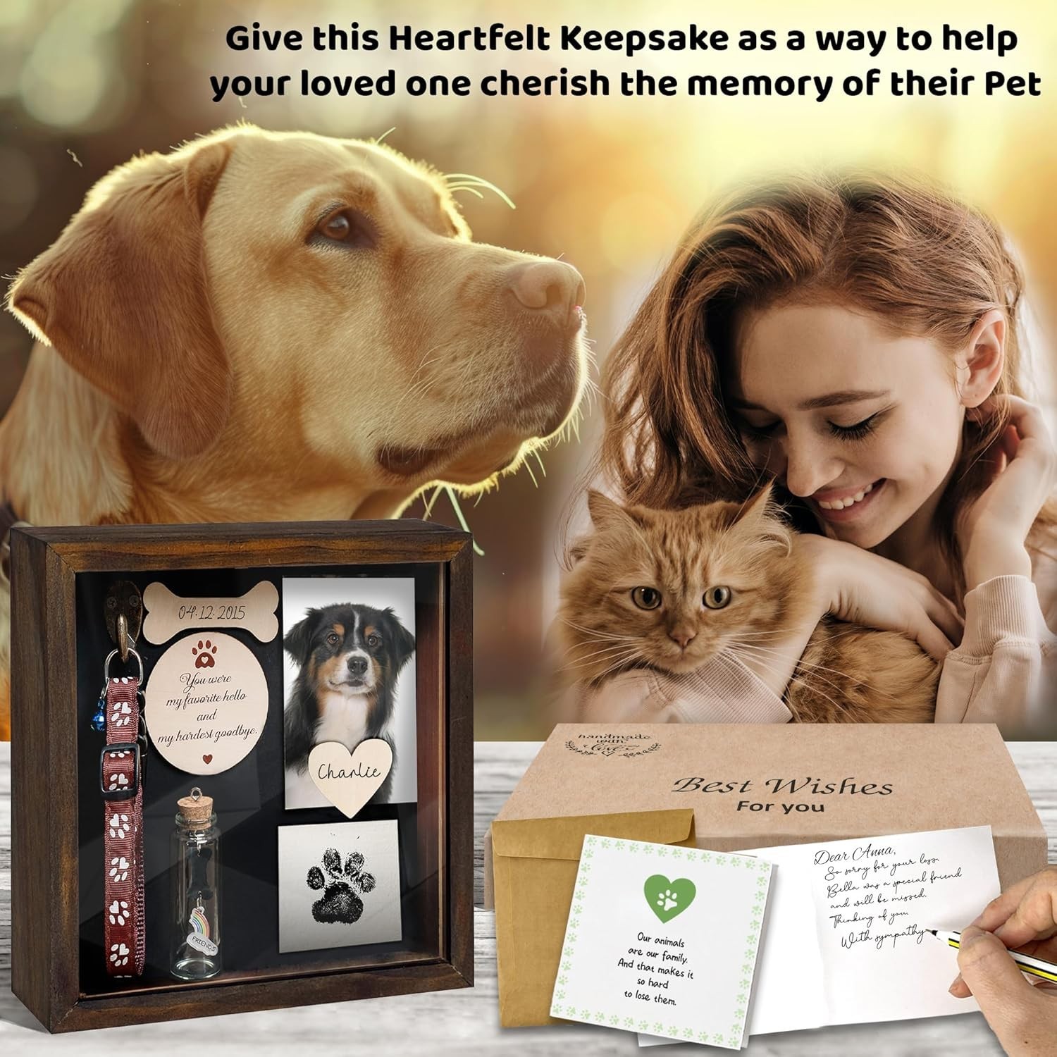 8.6” Rustic Pet Memorial Shadow Box with Collar Holder & Keepsakes