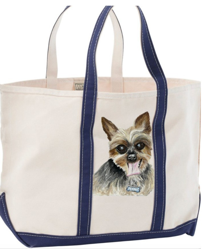 LL BEAN BOAT AND TOTE HAND BAG HAND PAINTED WITH YOUR DOG PET PORTRAIT BY ARTIST