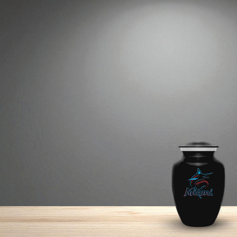 Miami Marlins Baseball Style Cremation Urn Adult Ashes Black Metal 8 In Urns