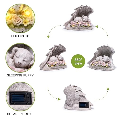 Solar Pet Memorial Garden Statue, Resin Dog Memorial Dog in Angel Wing