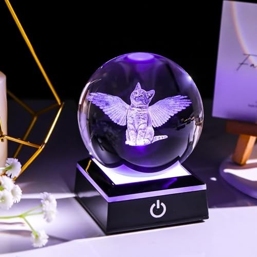 3D Cat Memorial Gift with LED Base – Angel Wing Crystal Ball for Cat Lovers, Sym