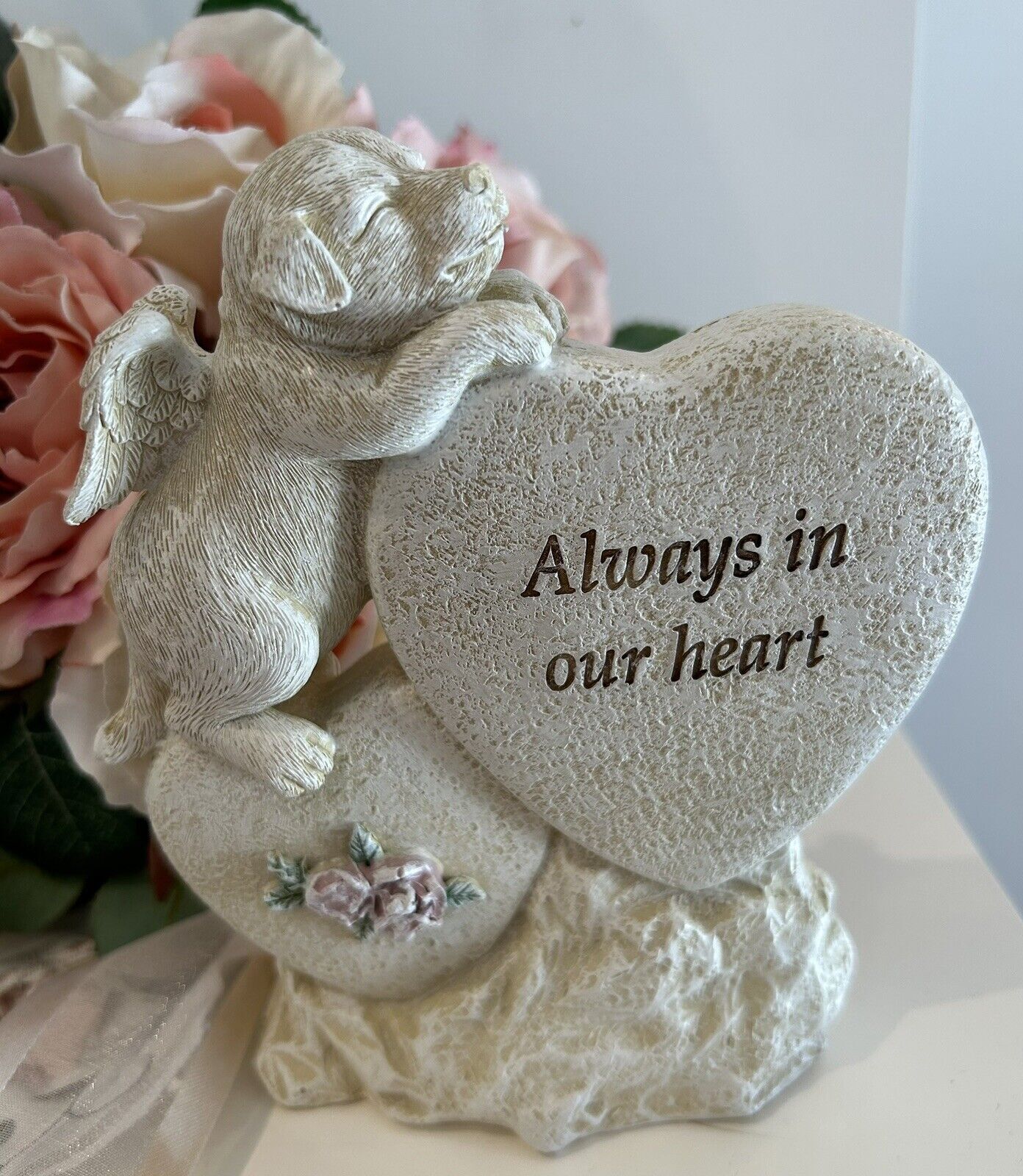 ~❤️~DOG MEMORIAL Plaque Sleeping Pet On Heart wings Angel Statue Figurine ❤️