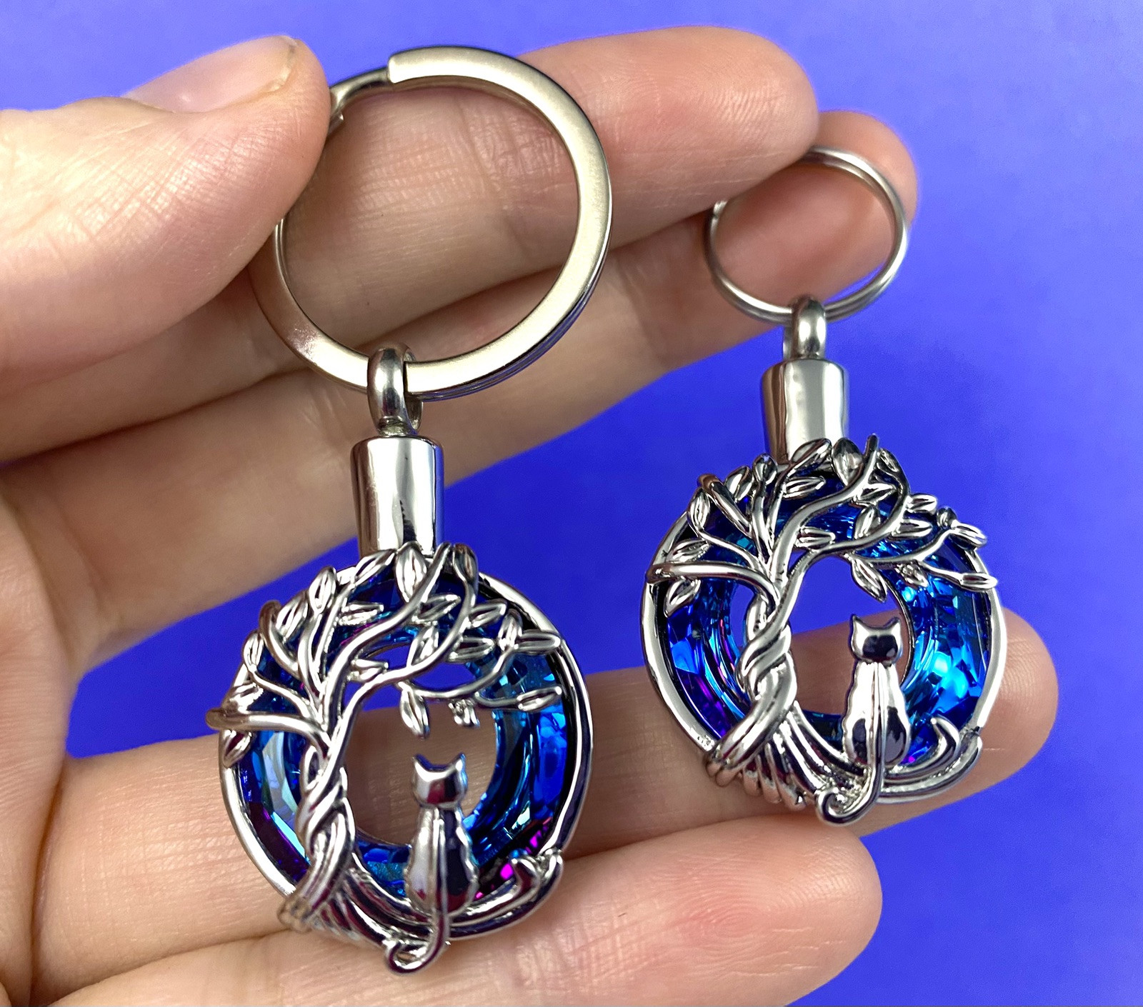 Cat Tree Cremation Pendant Urn Keychain 1″ Key Ring for Ash Kitty Blue Purple