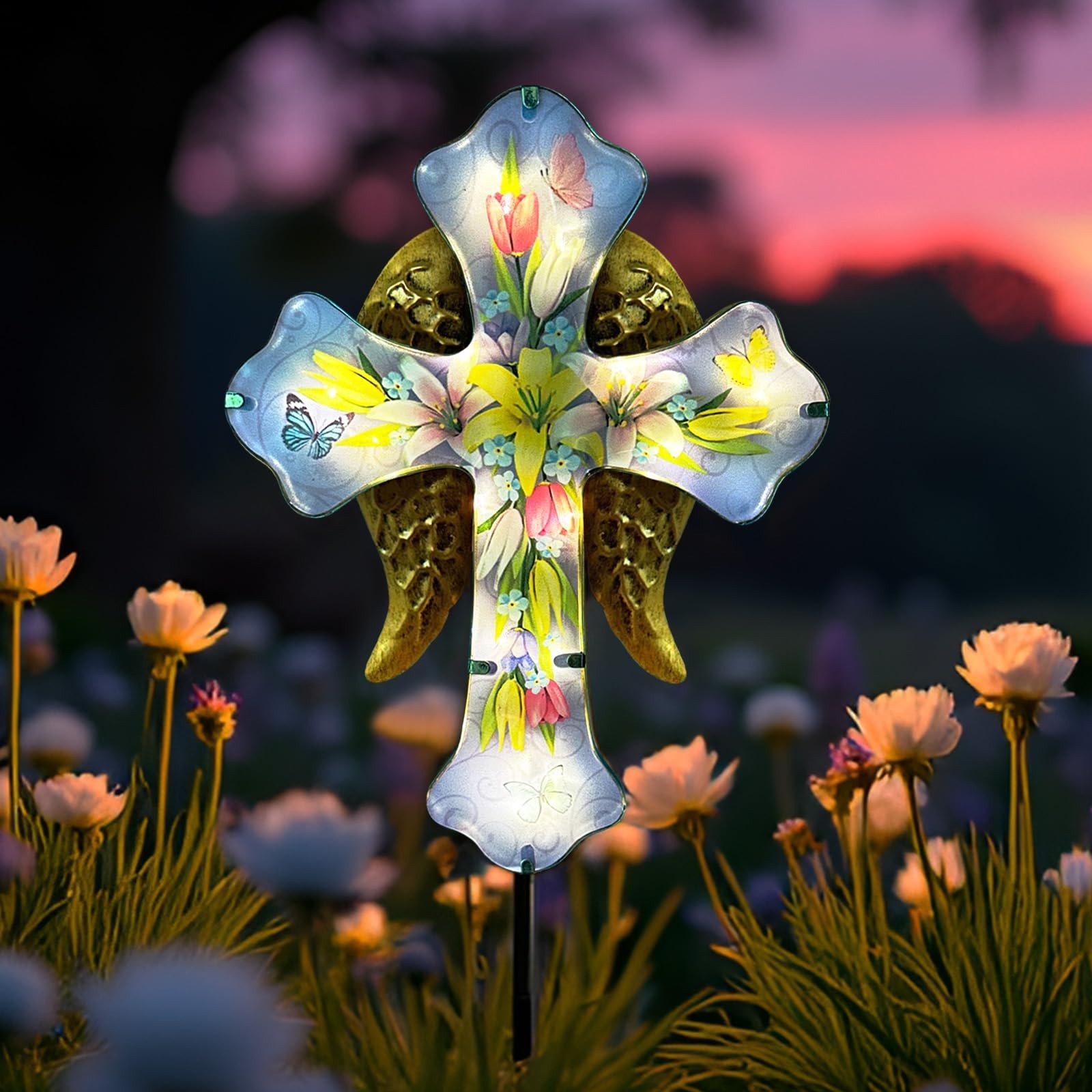 Solar Cross Garden Stakes for Graves,Lily Cemetery Decorations Yard Patio Dec…