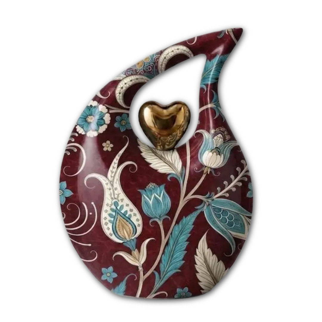 New Red Floral Metal Teardrop Cremation Urn for Human Ashes for Men & Women Urns