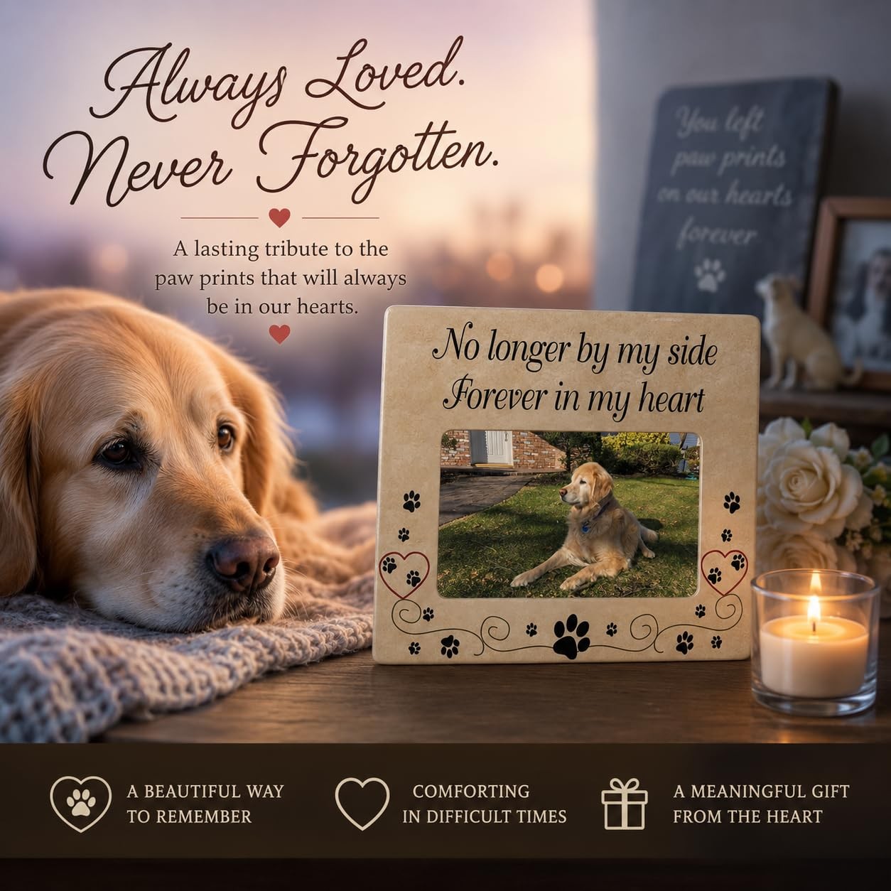 Pet Memorial Picture Frame, Ceramic Pet Loss Gift with Sympathy Quote “No Lon…