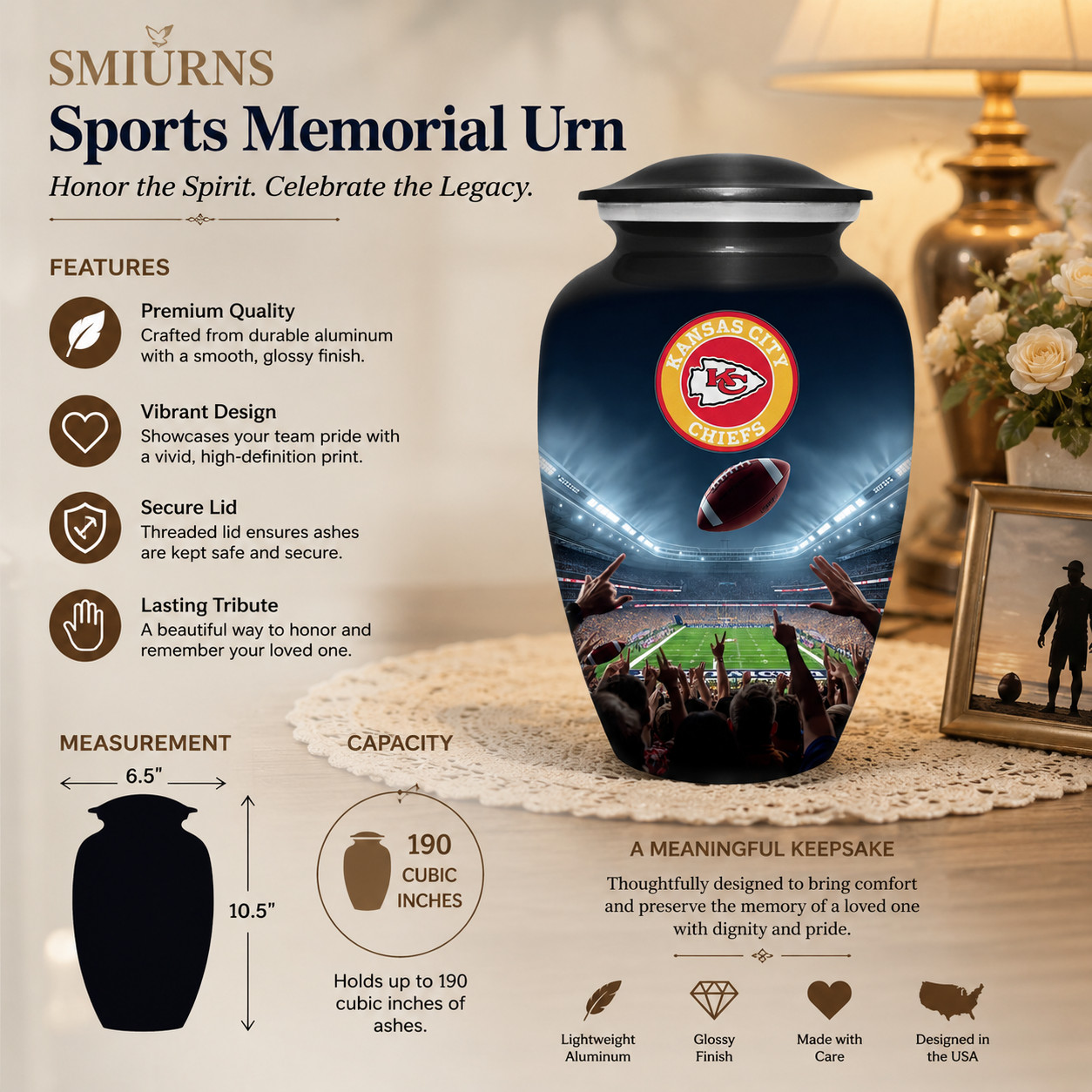 Football Cremation Urn for Human Ashes Adult Large Kansas City Chiefs Urns 10.5″