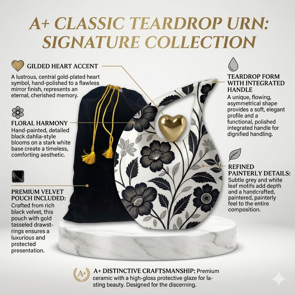 Black White Floral Design Teardrop Cremation Urn for Human Ashes Urns Your Love