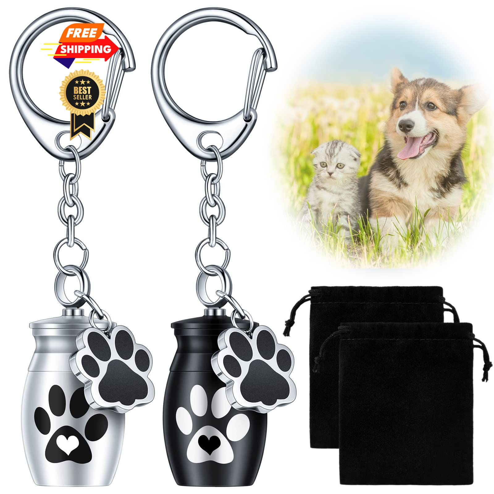 Tudomro 2 Pcs Pet Dog Urns Keychain for Ashes with 2 Storage Bags Cute Style