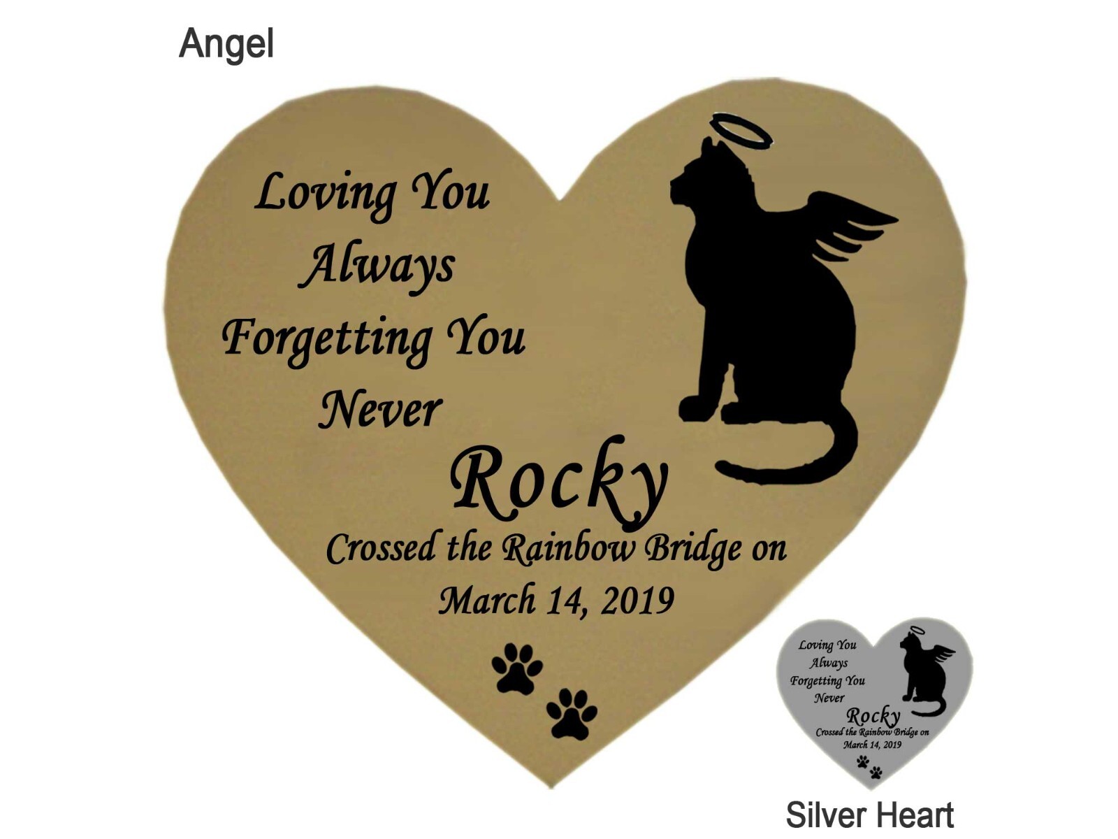Cat Memorial Engraved Heart Shape Plates Pet Loss – Gold or Silver – 2 Sizes