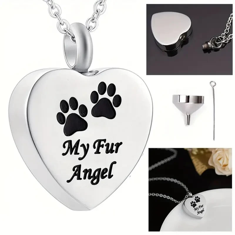 “Paw Print Design” Pet Memorial Necklace – Heart Pendant Urn For Pet Ashes