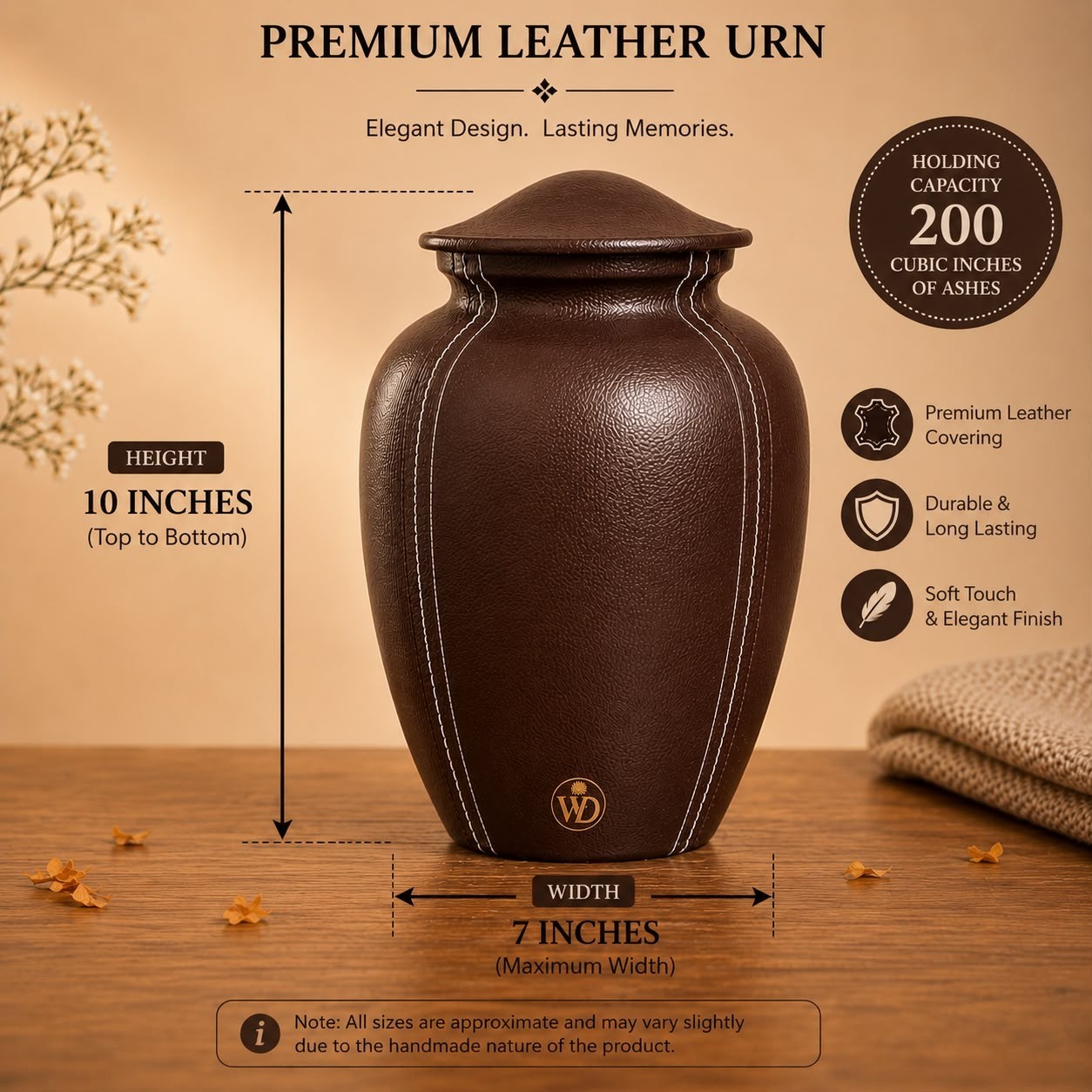 Premium Leather Cremation Urn for Human Ashes Adult 200 Cu In Aluminum Core