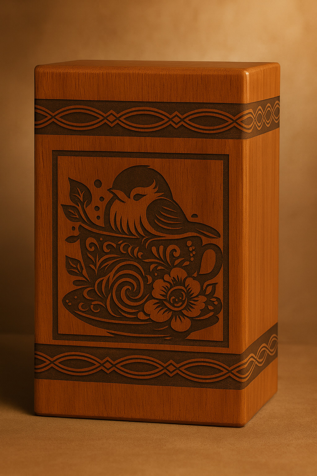 Wooden Keepsake Box with Bird & Floral Engraving | Rustic Tea Cup Urn box human