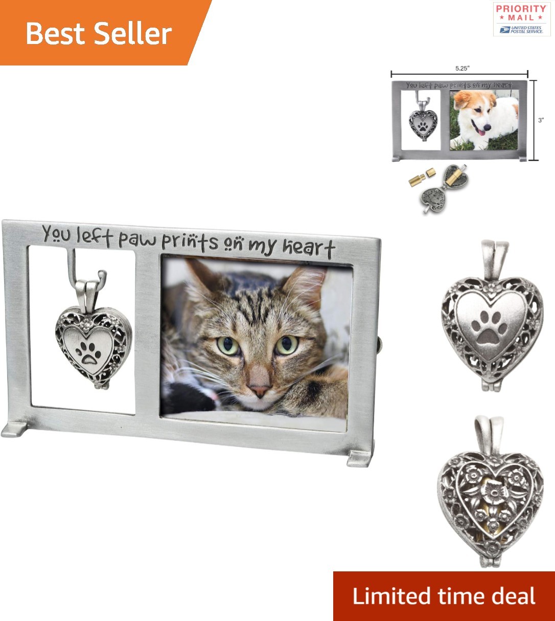 Paw Prints on My Heart Pet Memorial Frame with Ash Vial for Keepsakes Silver