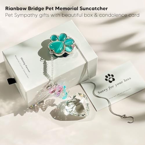 Pet Memorial Suncatcher Dog Cat Loss Gift Peacock Blue Crystal Paw Keepsake