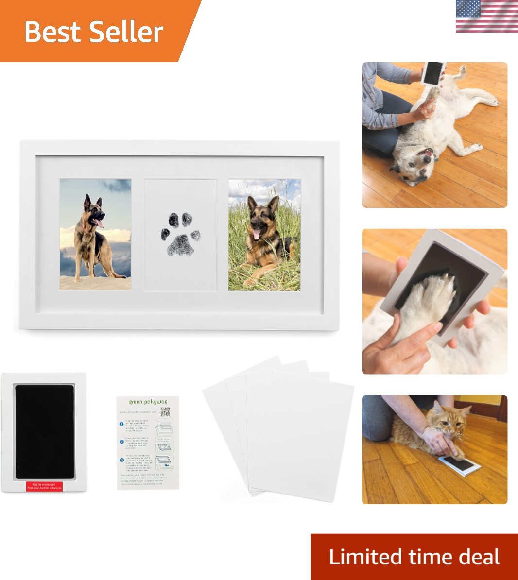 Thoughtful Pet Memorial Frame: Double Picture Display with Large Ink Pad – White