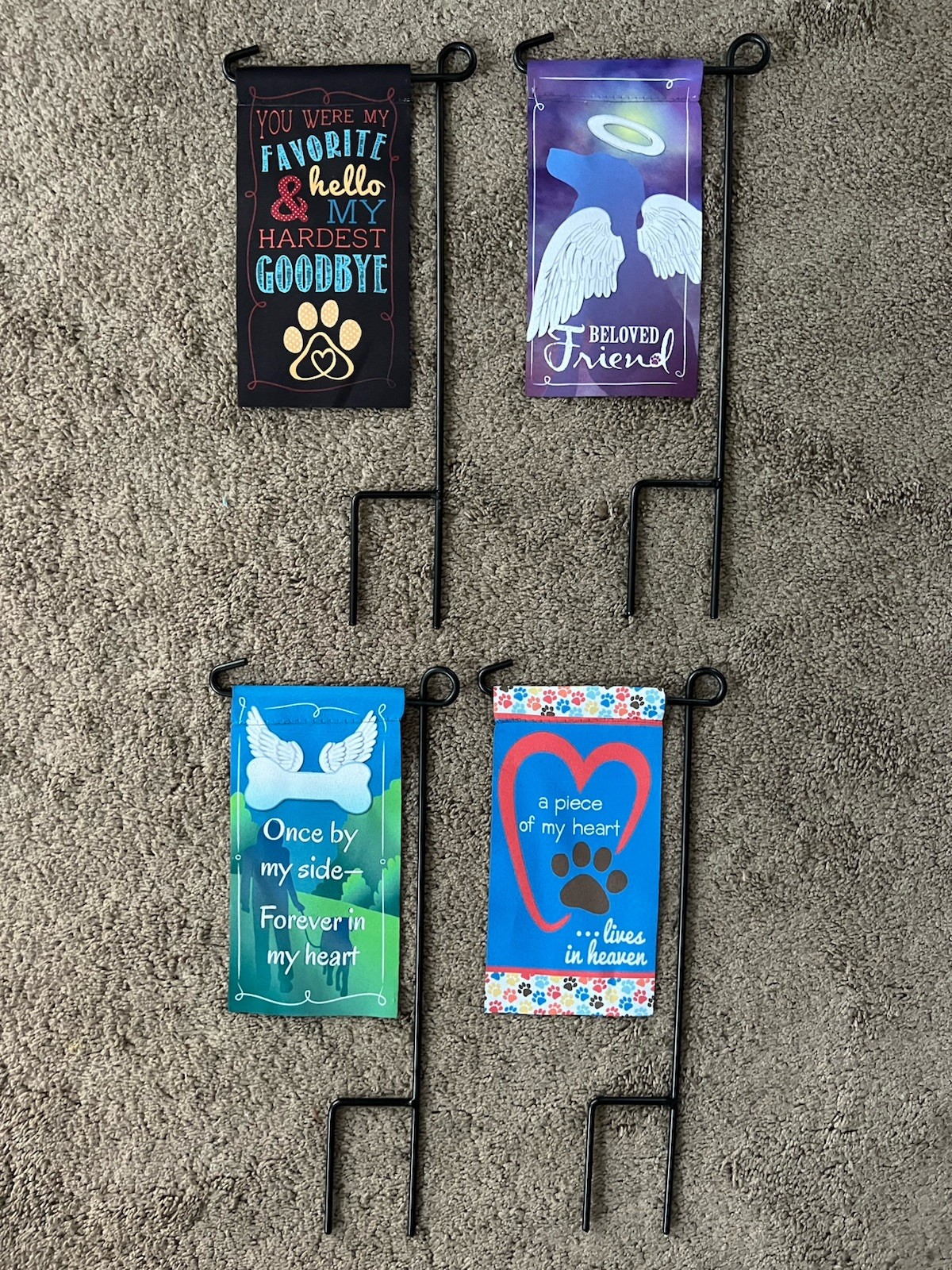 4 Different 8 in x 4 in Pet Remembrance Grave Marker Memorial Flags w/Stands NEW