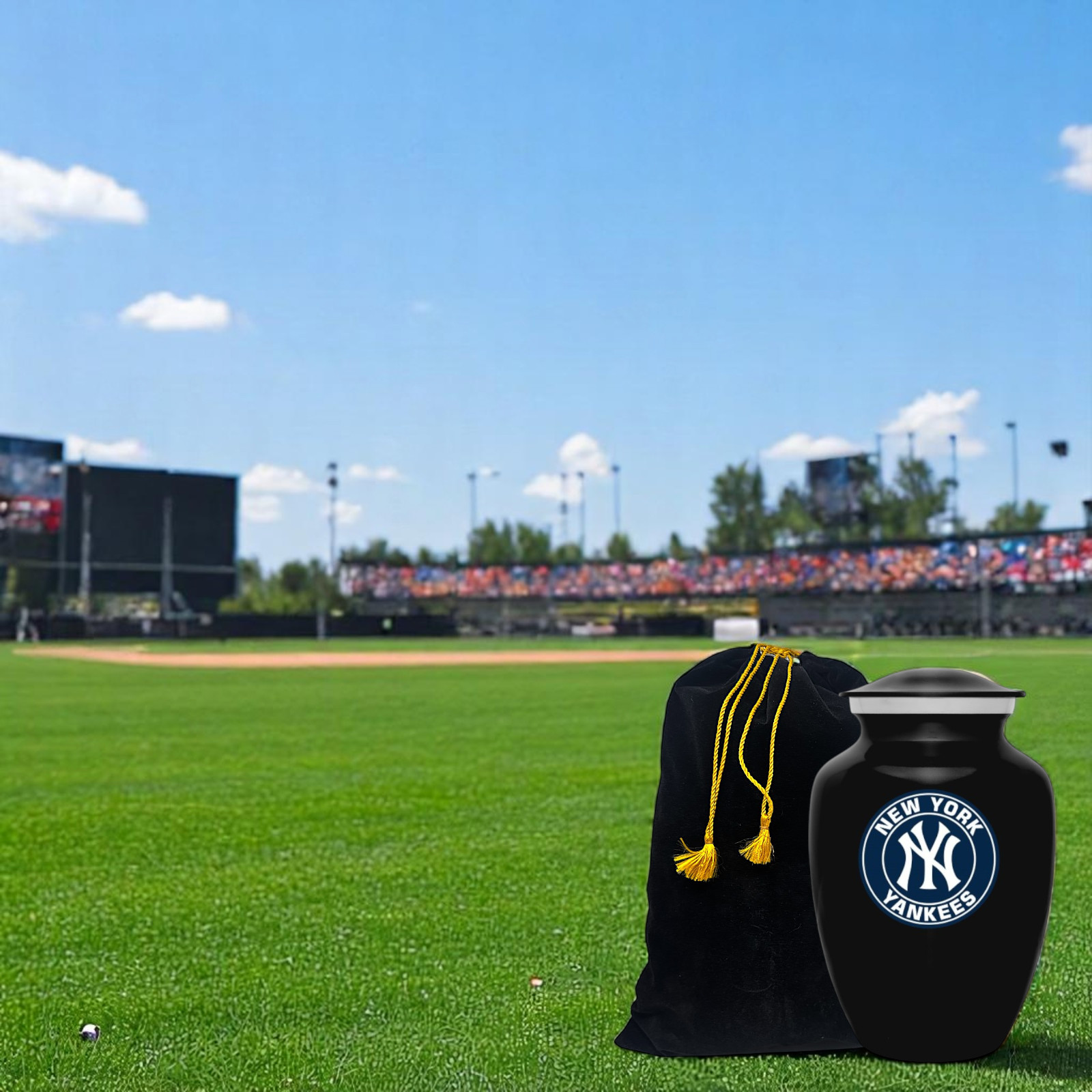 New York Yankees Baseball Style Cremation Urn Adult Ashes, Black Metal 8 In Urns