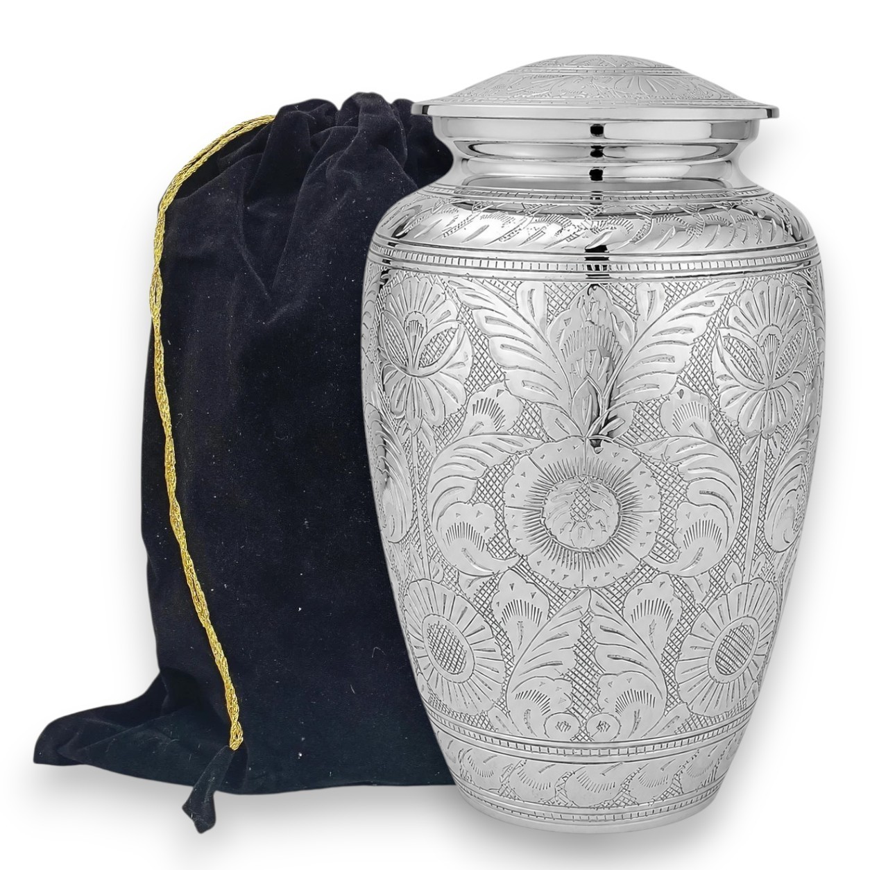 Silver Cremation Urn for Human Ashes Adult Large Funeral Urn 10.5″ Metal Urns