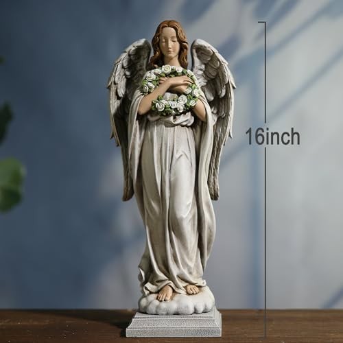 Garden Angel with Flower Wreath Statue – 16″ Outdoor Memorial Angel Decor