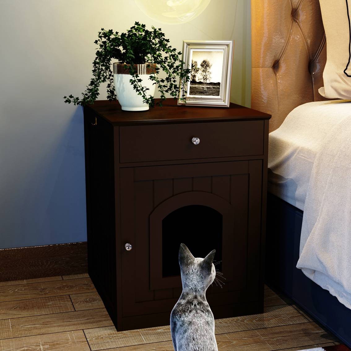 Wooden Pet House Cat Litter Box Enclosure With Drawer, Side Table Indoor Pet Cra