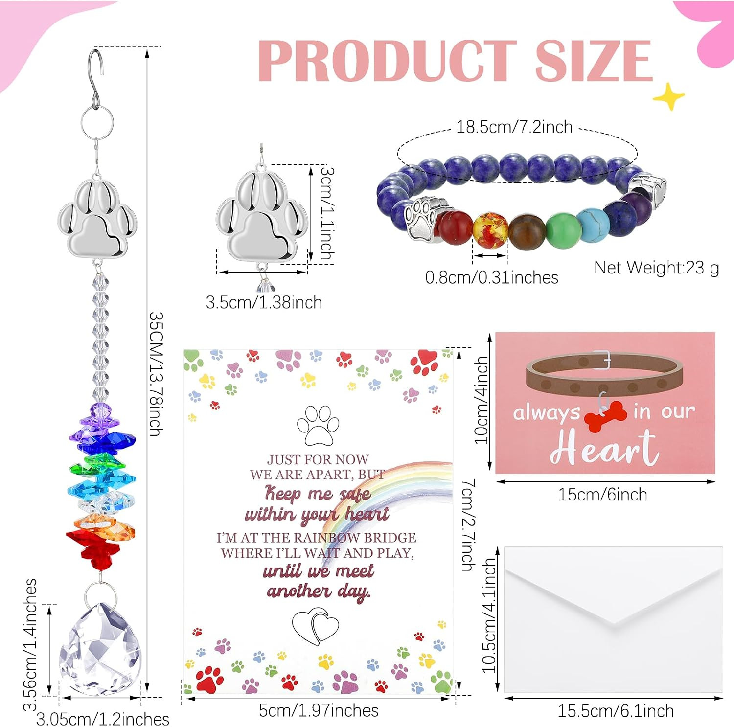 5 Pcs Rainbow Pet Memorial Gifts Set Includes Paw Print Crystal Sun Catcher, Dog