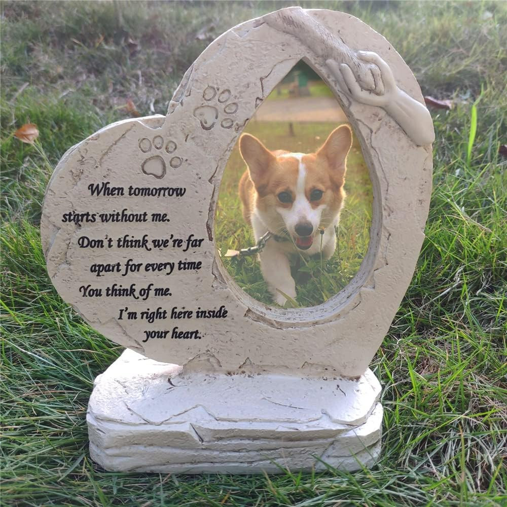 Heart Shaped Pet Dog Memorial Stones with Photo Frame, Pet Dog Headstones Grave