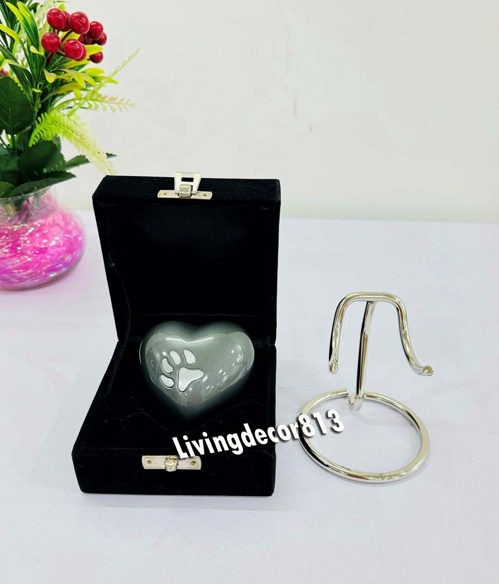 Small Foot Print Heart Shaped 3″ Pet Keepsake Urn With Stand & Box