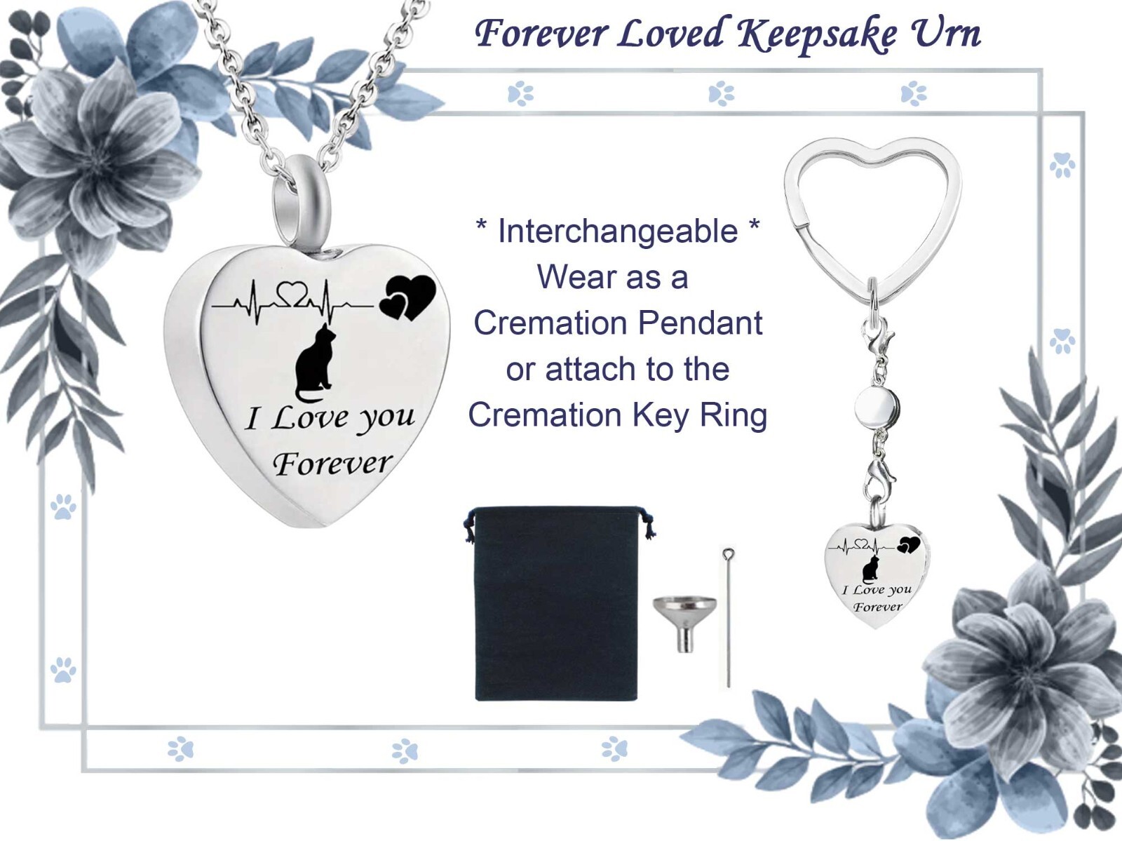 Forever Loved Cat Keepsake Urn Interchangeable Necklace or Key Ring, Engravable