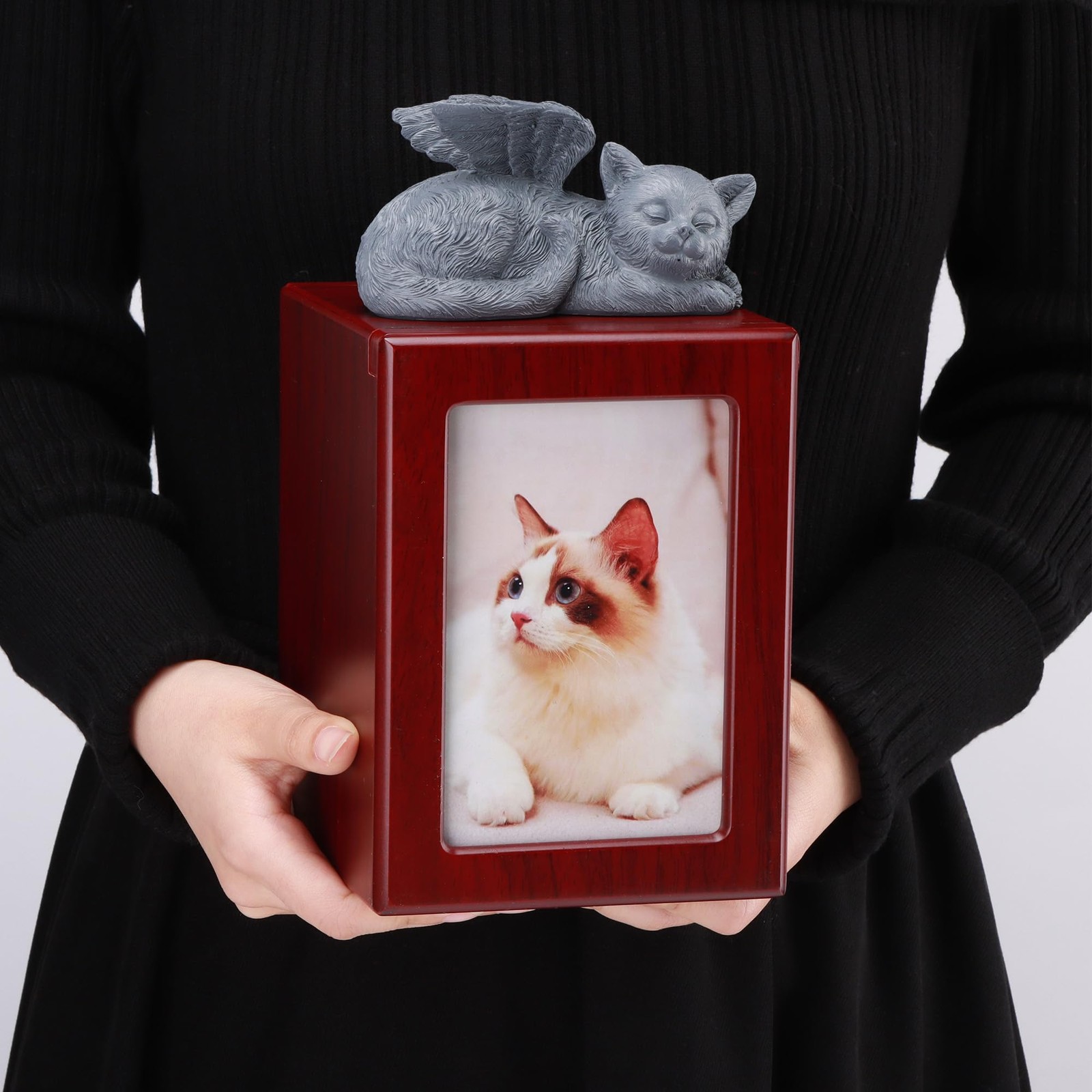 DiDiBirDi Cat Urn for Ashes, Wooden Keepsake Ashes with Photo Large, Red